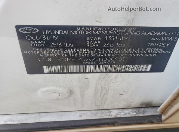 5NPEL4JA9LH000985 2020 HYUNDAI SONATA White Engine compartment view