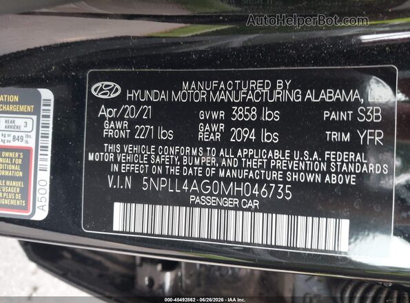 5NPLL4AG0MH046735 2021 HYUNDAI ELANTRA Black Engine compartment view