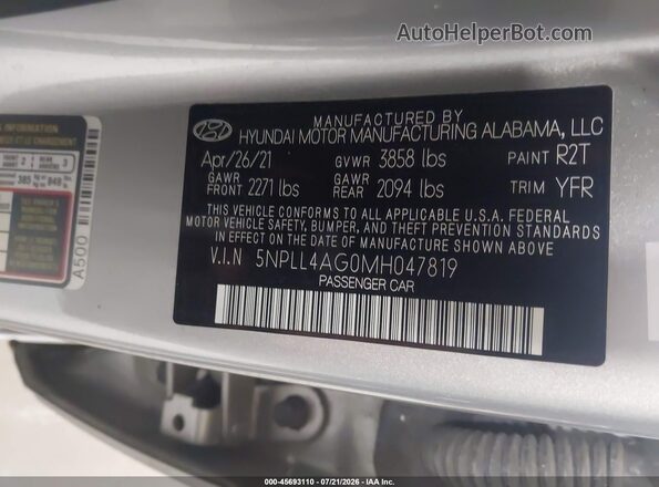 5NPLL4AG0MH047819 2021 HYUNDAI ELANTRA Silver Вид підкапотного простору