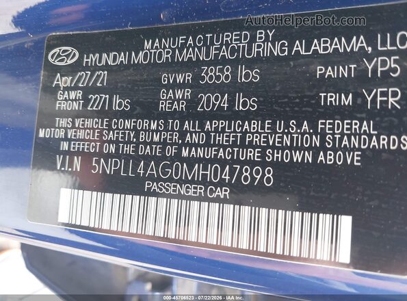 5NPLL4AG0MH047898 2021 HYUNDAI ELANTRA Blue Widok komory silnika