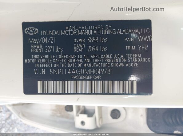 5NPLL4AG0MH049781 2021 HYUNDAI ELANTRA White Вид підкапотного простору