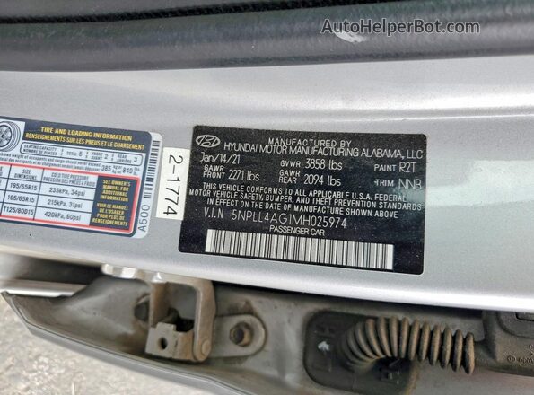 5NPLL4AG1MH025974 2021 HYUNDAI ELANTRA Silver Вид наклейки з VIN-кодом