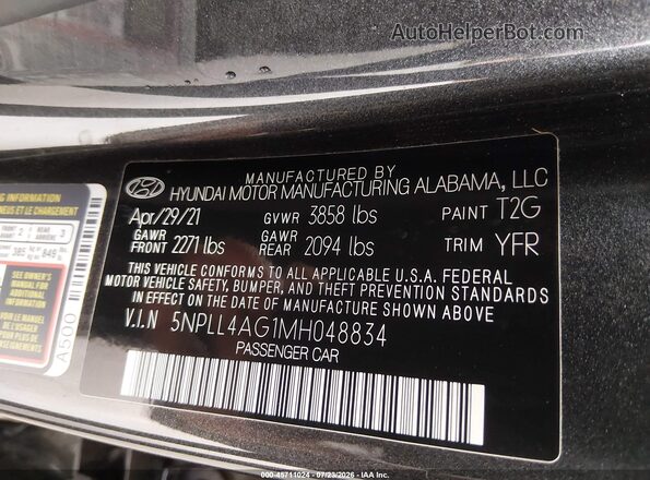 5NPLL4AG1MH048834 2021 HYUNDAI ELANTRA Gray ძრავის განყოფილების ხედი