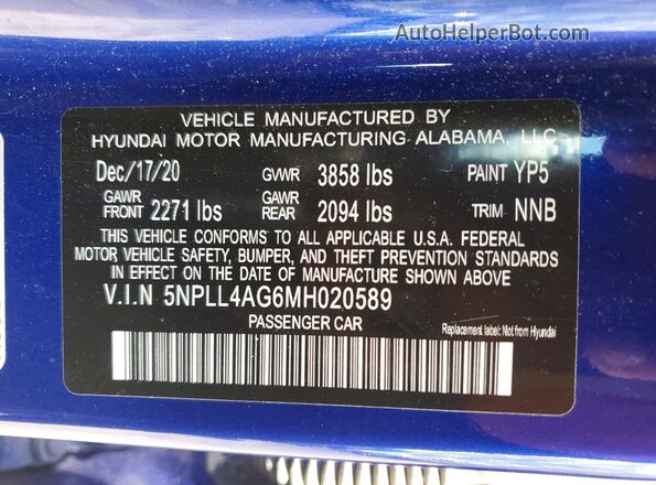 5NPLL4AG6MH020589 2021 HYUNDAI ELANTRA Blue Widok komory silnika