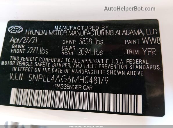 5NPLL4AG6MH048179 2021 HYUNDAI ELANTRA White Vista del compartimento del motor