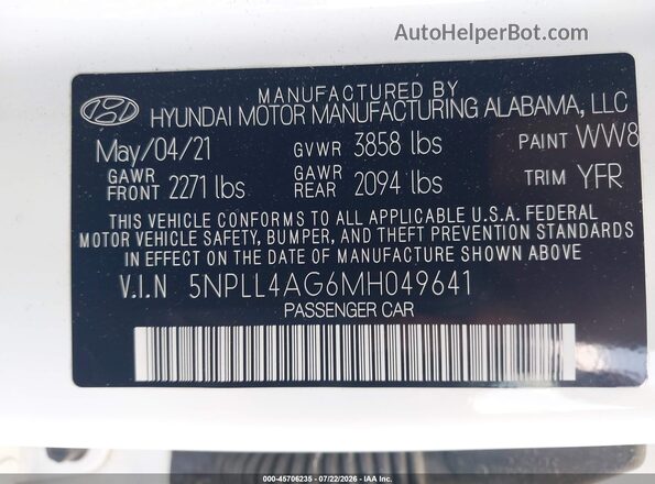 5NPLL4AG6MH049641 2021 HYUNDAI ELANTRA Белый Вид подкапотного пространства
