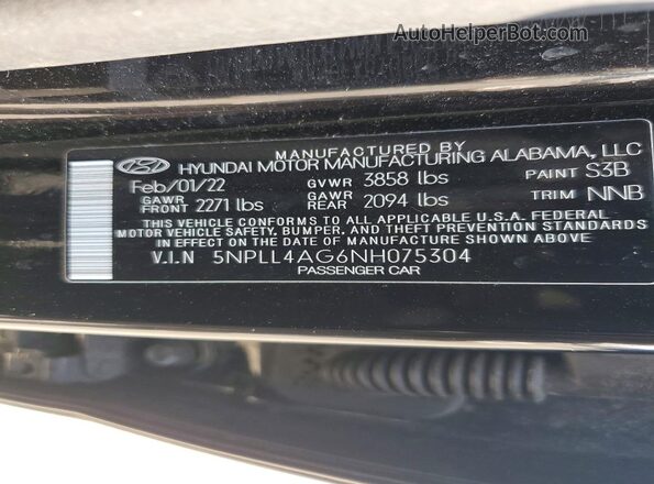 5NPLL4AG6NH075304 2022 HYUNDAI ELANTRA Черный Вид наклейки с VIN-кодом