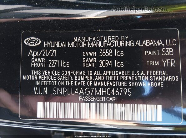 5NPLL4AG7MH046795 2021 HYUNDAI ELANTRA Black Շարժիչի բաժամունքի տեսք