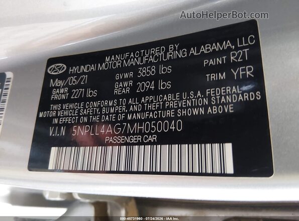 5NPLL4AG7MH050040 2021 HYUNDAI ELANTRA Silver Շարժիչի բաժամունքի տեսք