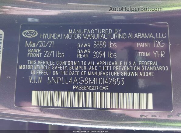 5NPLL4AG8MH042853 2021 HYUNDAI ELANTRA Серый Вид подкапотного пространства