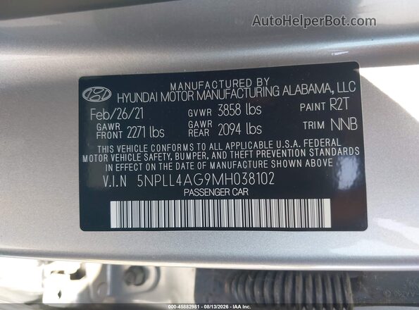 5NPLL4AG9MH038102 2021 HYUNDAI ELANTRA Silver ძრავის განყოფილების ხედი