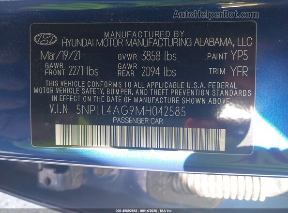 5NPLL4AG9MH042585 2021 HYUNDAI ELANTRA Blue Շարժիչի բաժամունքի տեսք