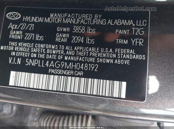 5NPLL4AG9MH048192 2021 HYUNDAI ELANTRA Gray Widok komory silnika