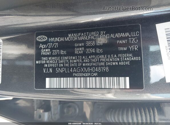 5NPLL4AGXMH048198 2021 HYUNDAI ELANTRA Gray Widok komory silnika