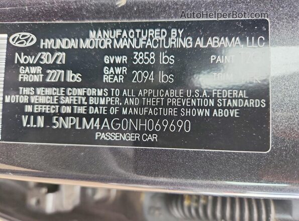 5NPLM4AG0NH069690 2022 HYUNDAI ELANTRA Gray VIN კოდის სტიკერის ხედი
