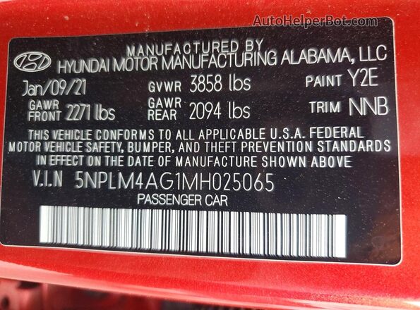 5NPLM4AG1MH025065 2021 HYUNDAI ELANTRA Red VIN կոդի պիտակի տեսք