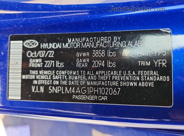 5NPLM4AG1PH102067 2023 HYUNDAI ELANTRA Blue Вид наклейки з VIN-кодом