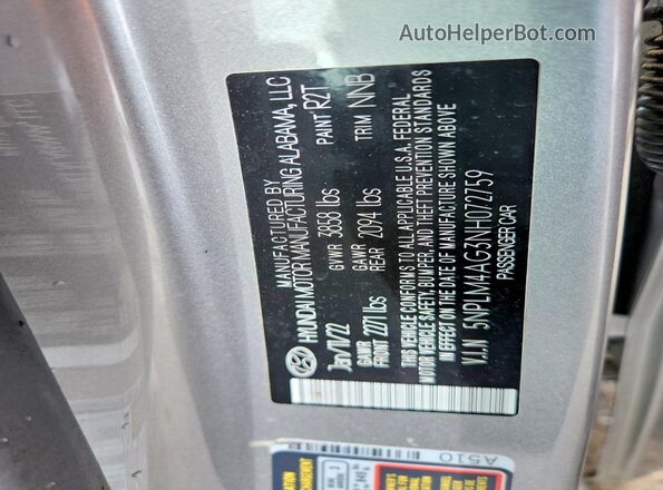 5NPLM4AG3NH072759 2022 HYUNDAI ELANTRA Silver Widok naklejki z numerem VIN