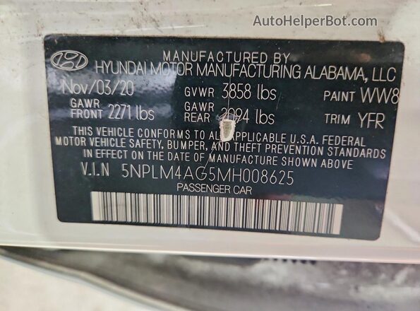 5NPLM4AG5MH008625 2021 HYUNDAI ELANTRA White VIN კოდის სტიკერის ხედი