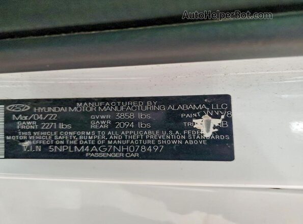 5NPLM4AG7NH078497 2022 HYUNDAI ELANTRA Белый Вид подкапотного пространства