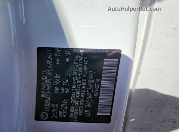5NPLN4AG3MH019992 2021 HYUNDAI ELANTRA White Vista de la etiqueta del VIN