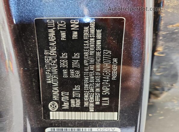5NPLP4AG8NH077737 2022 HYUNDAI ELANTRA Угольный Вид наклейки с VIN-кодом