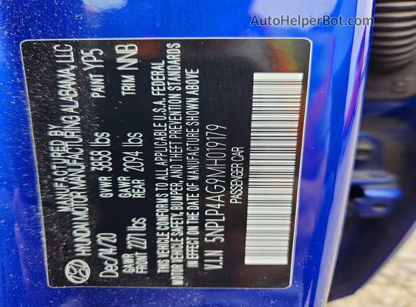 5NPLP4AG9MH019179 2021 HYUNDAI ELANTRA Blue Engine compartment view