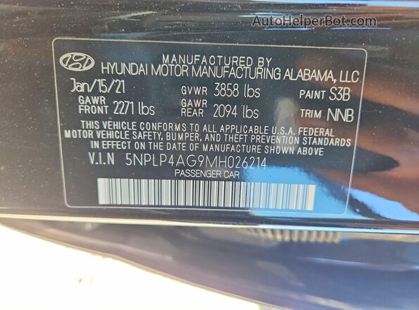 5NPLP4AG9MH026214 2021 HYUNDAI ELANTRA Черный Вид наклейки с VIN-кодом