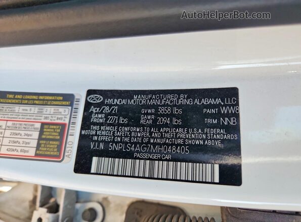 5NPLS4AG7MH048405 2021 HYUNDAI ELANTRA White ძრავის განყოფილების ხედი