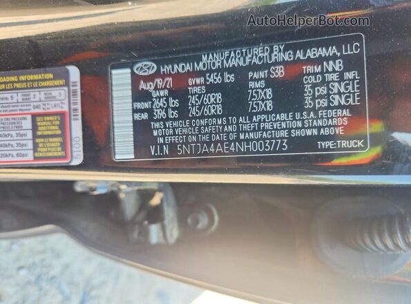 5NTJA4AE4NH003773 2022 HYUNDAI SANTA Black VIN կոդի պիտակի տեսք