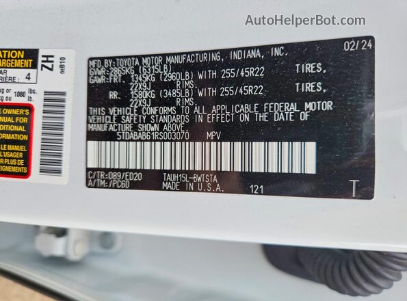 5TDABAB61RS003070 2024 LEXUS TX White Вид наклейки з VIN-кодом