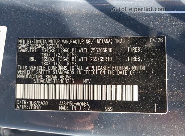 5TDACAB53TS103215 2026 TOYOTA GRAND Blue VIN sticker view