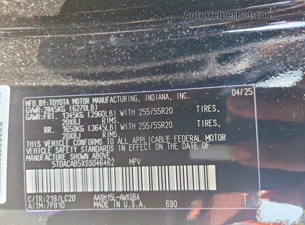 5TDACAB5XSS046462 2025 TOYOTA GRAND Black VIN კოდის სტიკერის ხედი