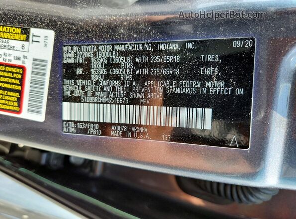 5TDBBRCH6MS516679 2021 TOYOTA HIGHLANDER Серый Вид наклейки с VIN-кодом