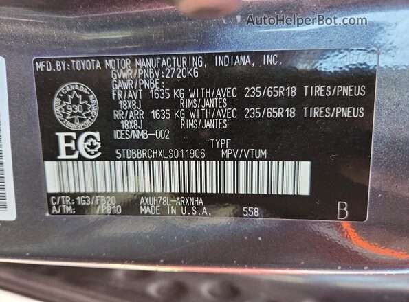 5TDBBRCHXLS011906 2020 TOYOTA HIGHLANDER Gray Widok wnętrza 360 stopni