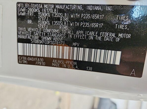 5TDBSKFC0PS078172 2023 TOYOTA SIENNA White Widok naklejki z numerem VIN