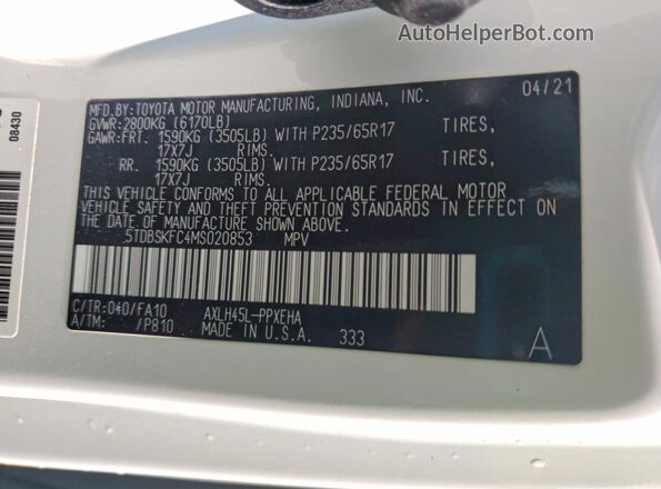 5TDBSKFC4MS020853 2021 TOYOTA SIENNA Белый Вид наклейки с VIN-кодом