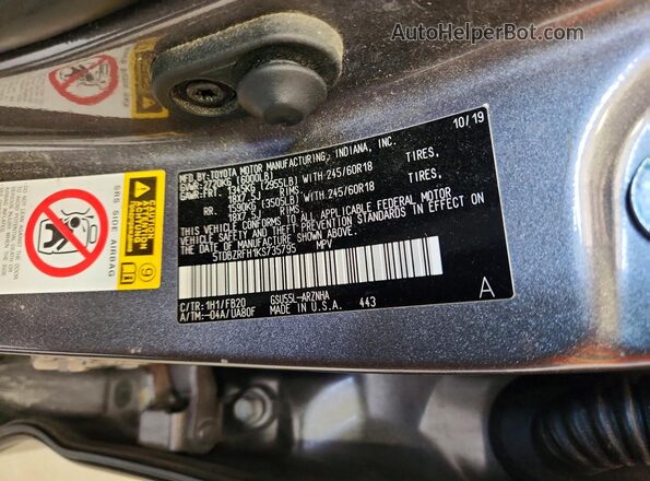 5TDBZRFH1KS735795 2019 TOYOTA HIGHLANDER Gray Vista de la etiqueta del VIN