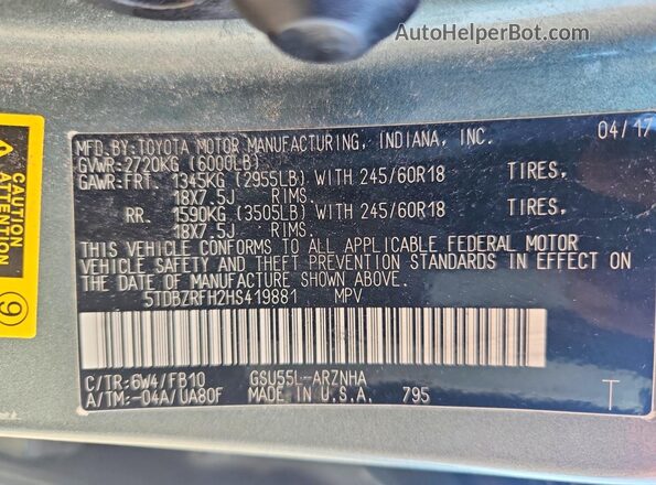 5TDBZRFH2HS419881 2017 TOYOTA HIGHLANDER Green VIN sticker view