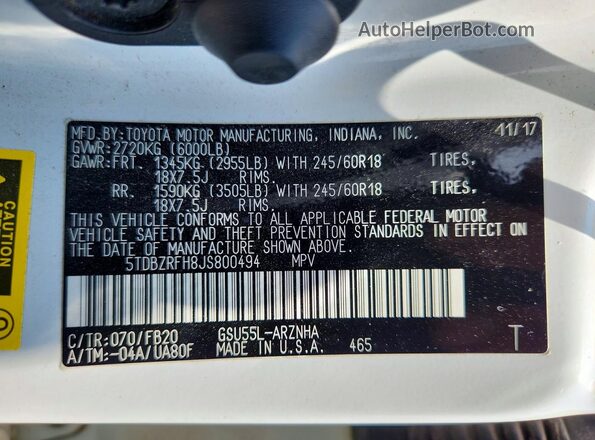 5TDBZRFH8JS800494 2018 TOYOTA HIGHLANDER White Vista de la etiqueta del VIN
