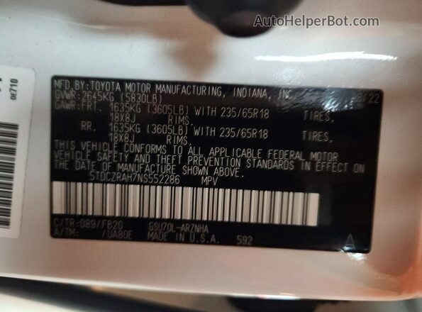 5TDCZRAH7NS552286 2022 TOYOTA HIGHLANDER White Vista de la etiqueta del VIN