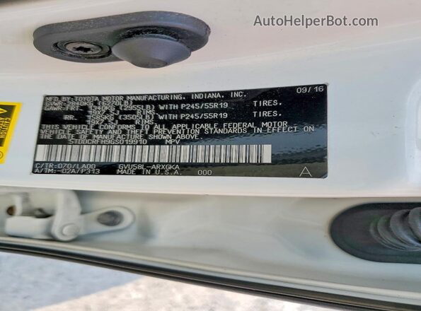 5TDDCRFH9GS019910 2016 TOYOTA HIGHLANDER White Widok wnętrza 360 stopni
