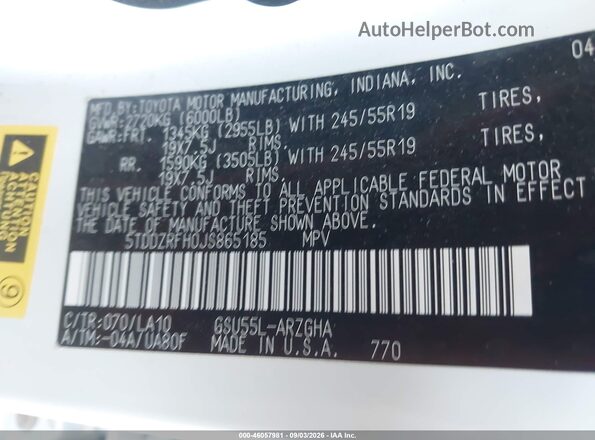 5TDDZRFH0JS865185 2018 TOYOTA HIGHLANDER White Widok komory silnika