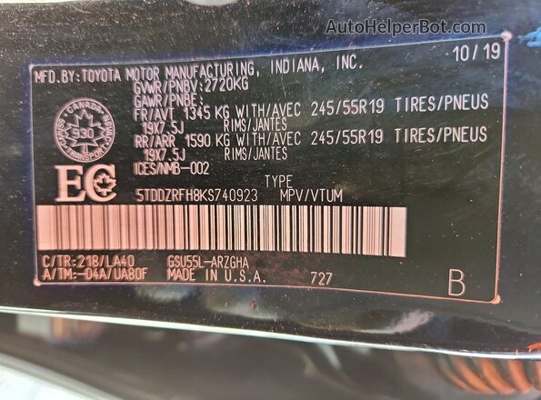 5TDDZRFH8KS740923 2019 TOYOTA HIGHLANDER Black VIN კოდის სტიკერის ხედი