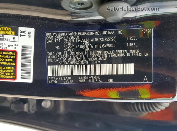 5TDFARAH8MS006079 2021 TOYOTA HIGHLANDER Blue VIN კოდის სტიკერის ხედი