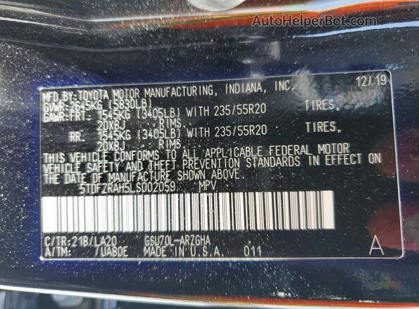 5TDFZRAH5LS002059 2020 TOYOTA HIGHLANDER Black Vista de la etiqueta del VIN