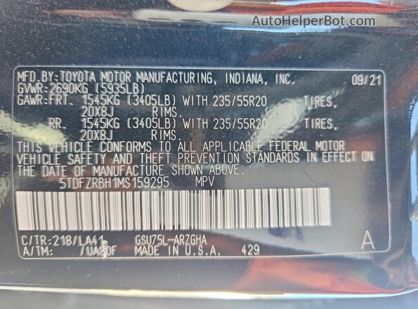 5TDFZRBH1MS159295 2021 TOYOTA HIGHLANDER Black Widok naklejki z numerem VIN