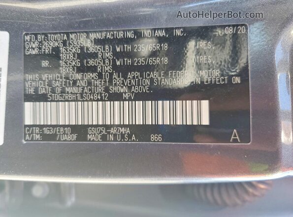 5TDGZRBH1LS048412 2020 TOYOTA HIGHLANDER Серый Вид наклейки с VIN-кодом