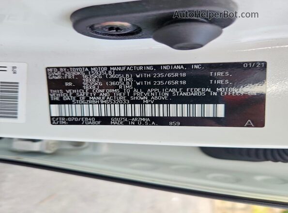 5TDGZRBH1MS532033 2021 TOYOTA HIGHLANDER White Вид наклейки з VIN-кодом
