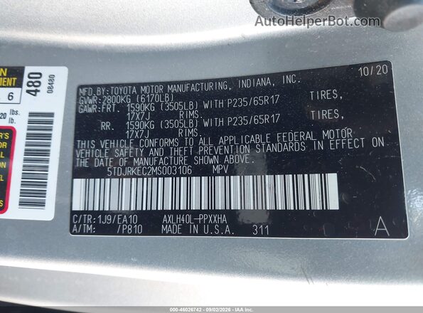 5TDJRKEC2MS003106 2021 TOYOTA SIENNA Silver Շարժիչի բաժամունքի տեսք